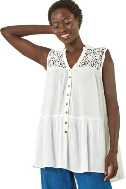 Roman Ivory Lace Yoke Tiered Panel Blouse