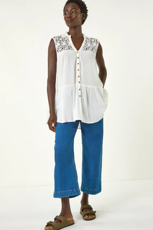 Roman Ivory Lace Yoke Tiered Panel Blouse