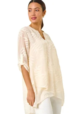 Roman Ivory Leaf Print Burnout Wrap Tunic Top