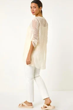 Roman Ivory Leaf Print Burnout Wrap Tunic Top