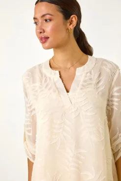 Roman Ivory Leaf Print Burnout Wrap Tunic Top