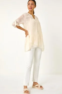 Roman Ivory Leaf Print Burnout Wrap Tunic Top