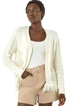 Roman Ivory Lightweight Fringe Hem Knit Cardigan