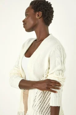 Roman Ivory Lightweight Fringe Hem Knit Cardigan