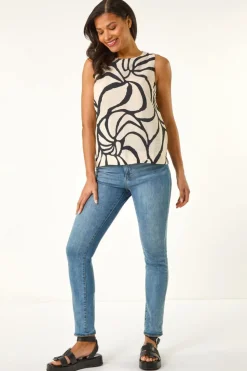 Roman Ivory Mono Abstract Print Shell Top