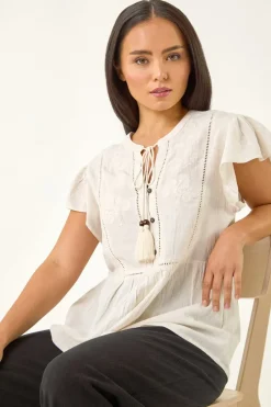 Roman Ivory Petite Embroidered Tassel Tie Top