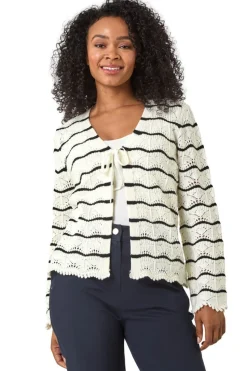 Roman Ivory Petite Stripe Knitted Tie Cardigan