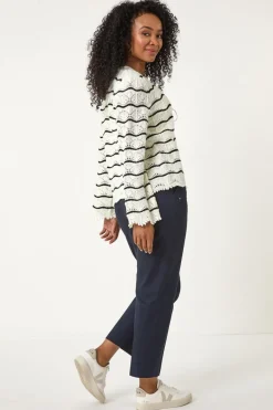 Roman Ivory Petite Stripe Knitted Tie Cardigan