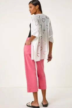 Roman Ivory Pointelle Heart Knit Cardigan