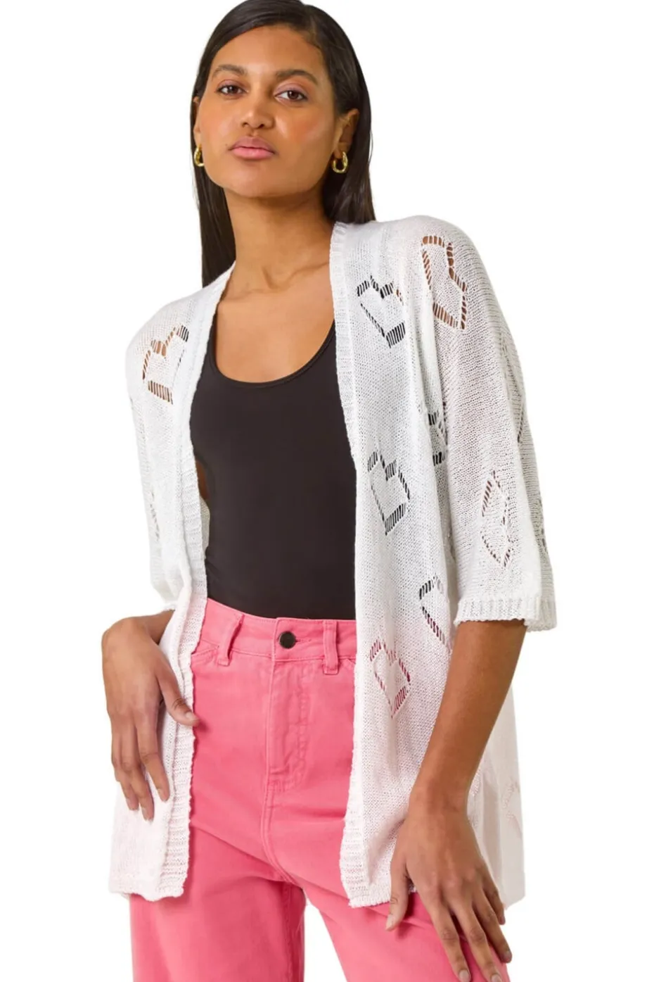 Roman Ivory Pointelle Heart Knit Cardigan