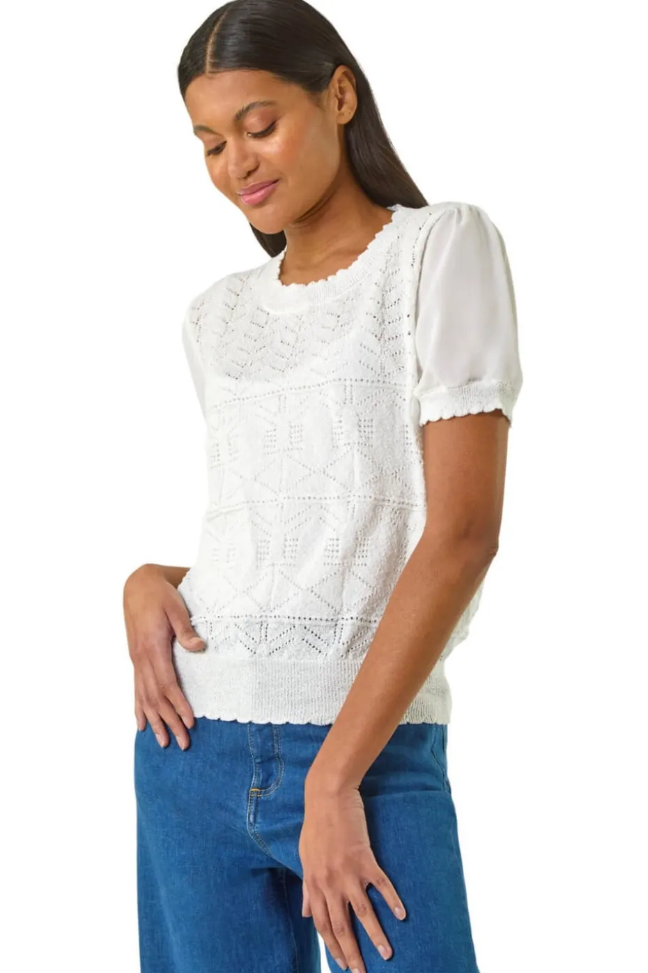 Roman Ivory Pointelle Knit Tee