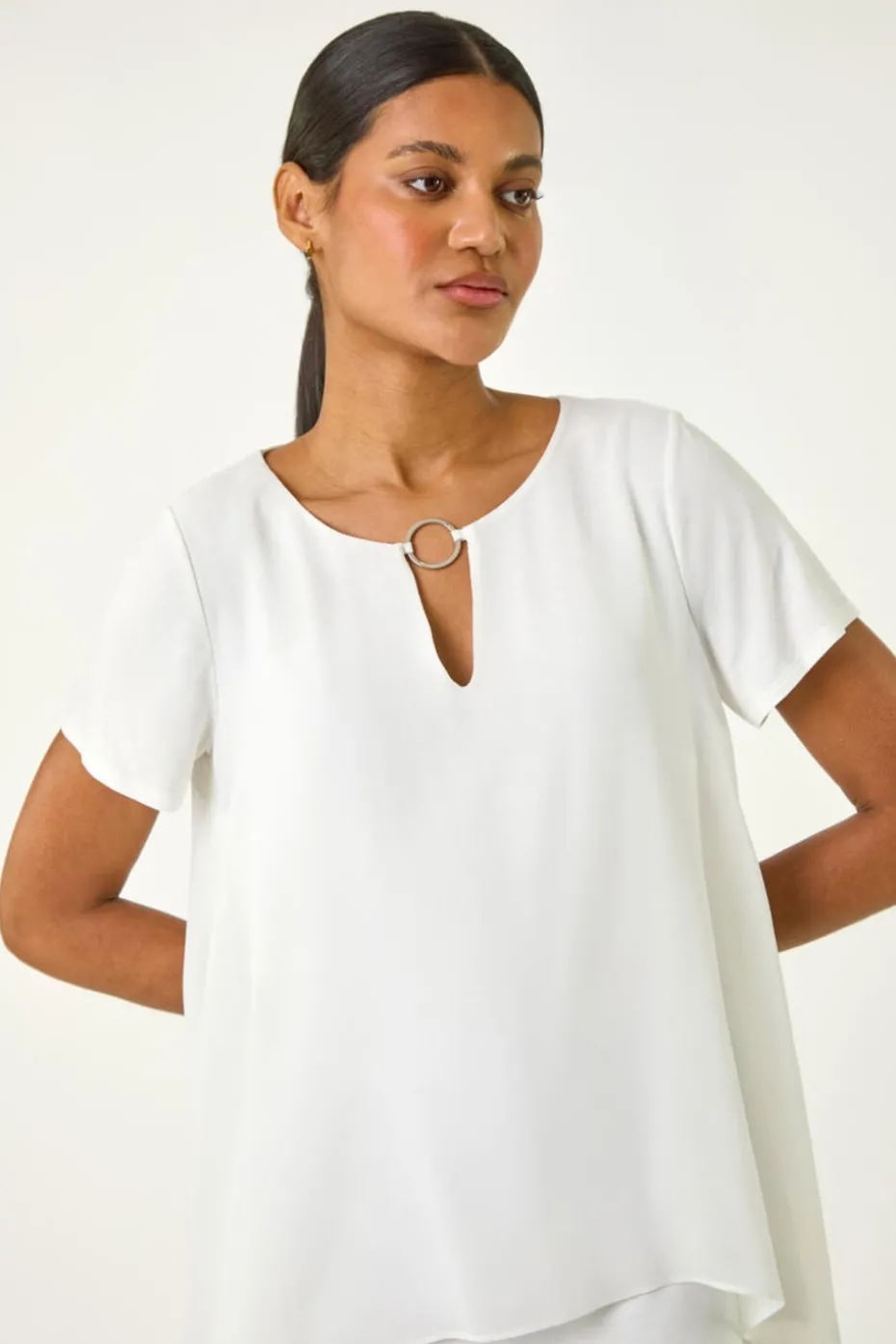 Roman Ivory Ring Front Chiffon Overlay Top