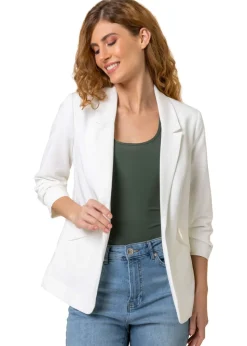 Roman Ivory Ruched 3/4 Sleeve Stretch Blazer