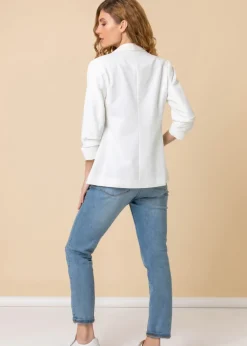 Roman Ivory Ruched 3/4 Sleeve Stretch Blazer