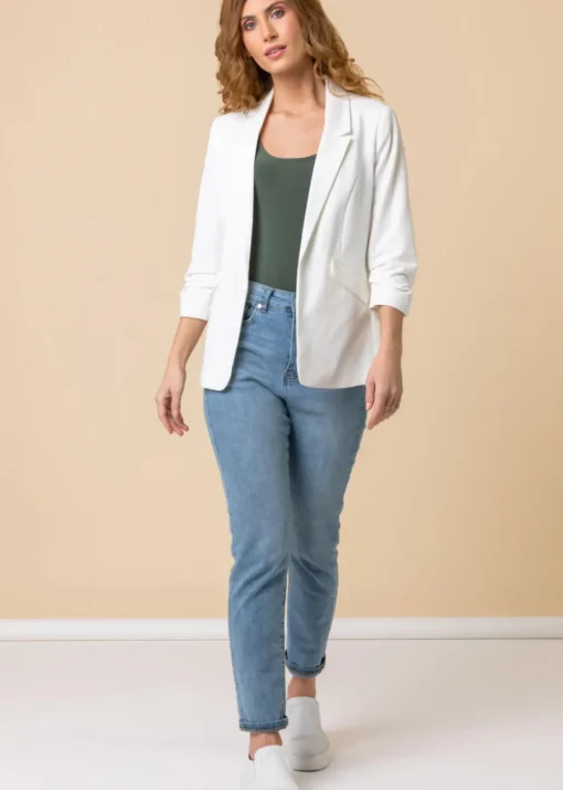 Roman Ivory Ruched 3/4 Sleeve Stretch Blazer