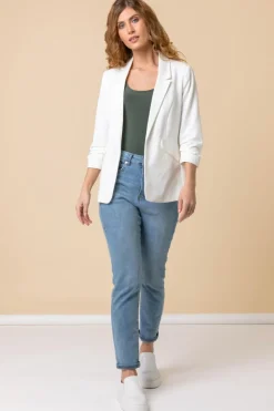 Roman Ivory Ruched 3/4 Sleeve Stretch Blazer