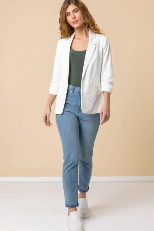 Roman Ivory Ruched 3/4 Sleeve Stretch Blazer