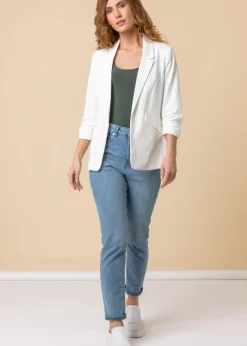Roman Ivory Ruched 3/4 Sleeve Stretch Blazer