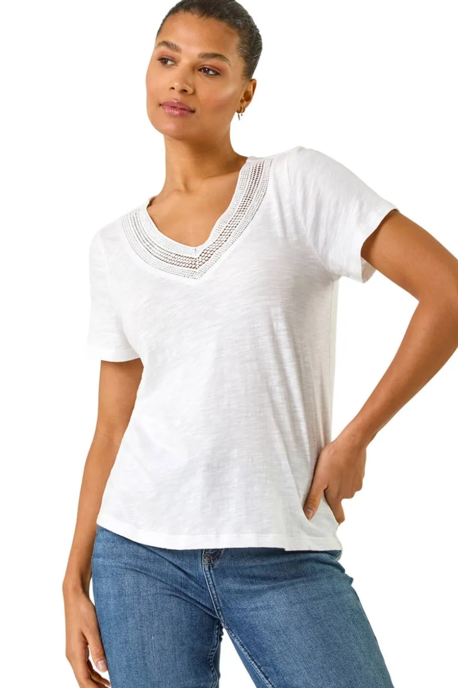Roman Ivory Sequin Trim V Neck Stretch Top