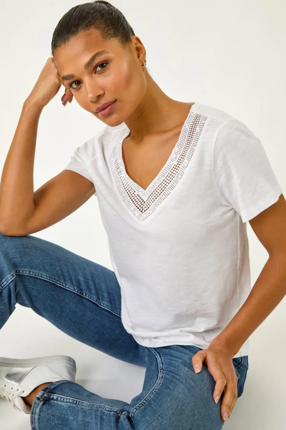 Roman Ivory Sequin Trim V Neck Stretch Top