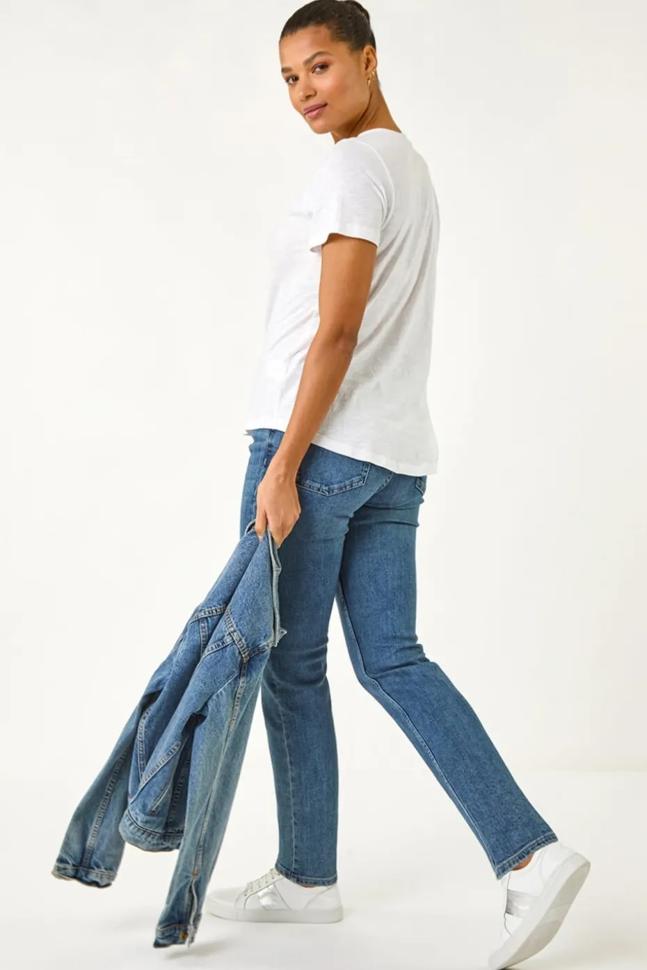 Roman Ivory Sequin Trim V Neck Stretch Top