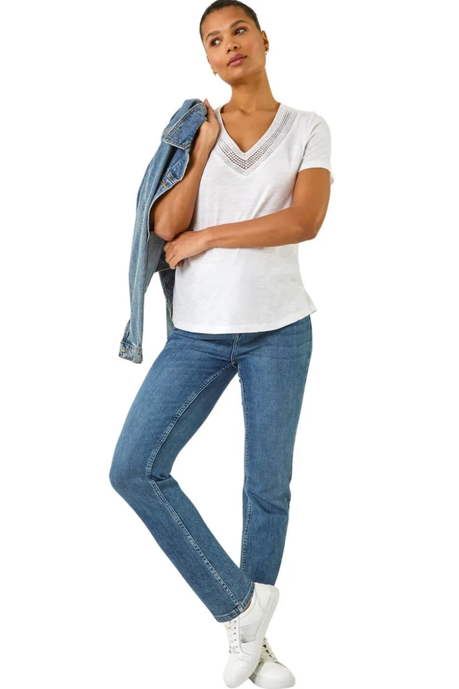 Roman Ivory Sequin Trim V Neck Stretch Top