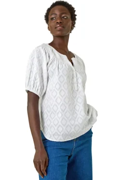 Roman Ivory Shirred Neck Textured Top