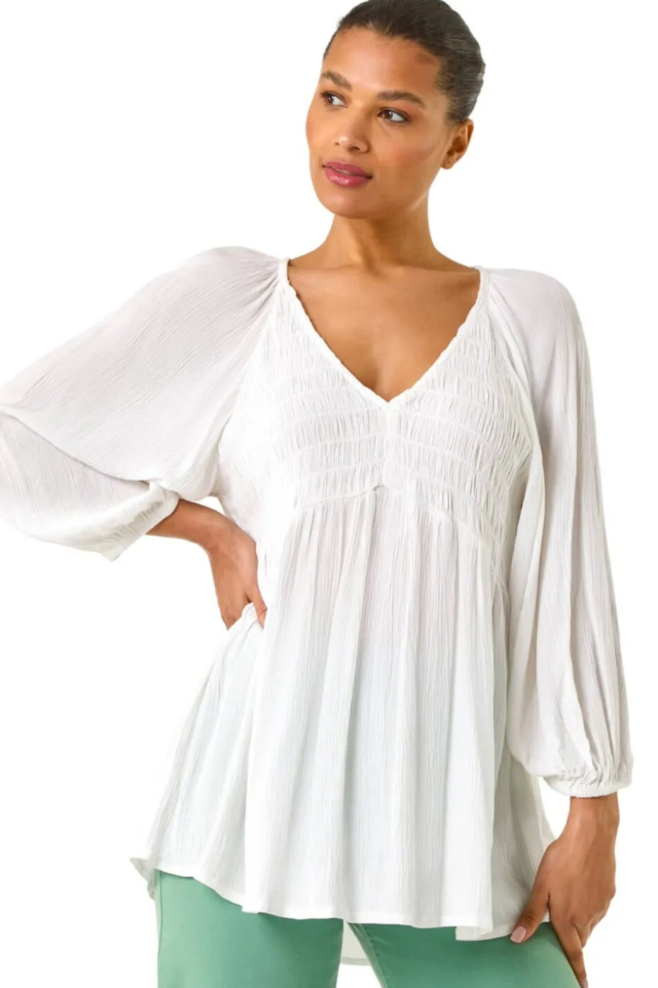 Roman Ivory Shirred V-Neck Top