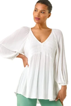 Roman Ivory Shirred V-Neck Top