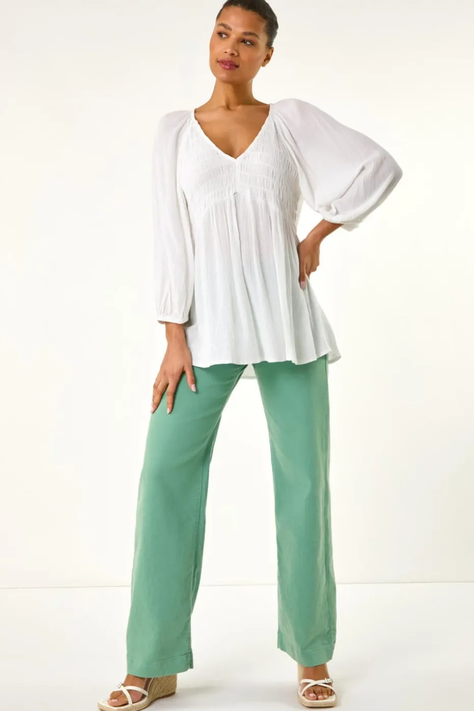 Roman Ivory Shirred V-Neck Top