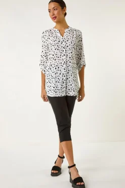 Roman Ivory Spot Print V-Neck Button Blouse