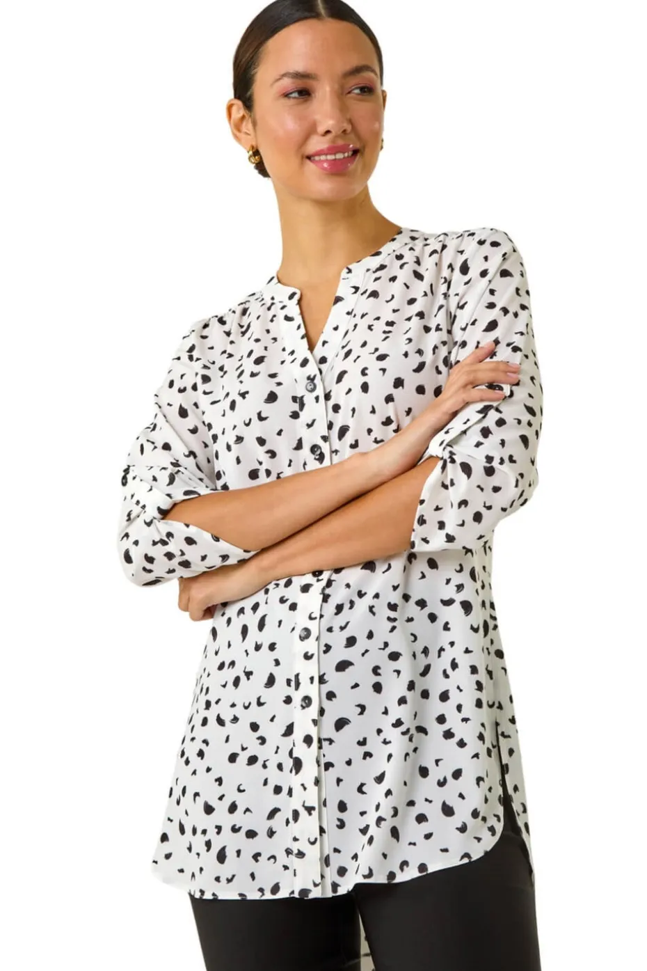 Roman Ivory Spot Print V-Neck Button Blouse