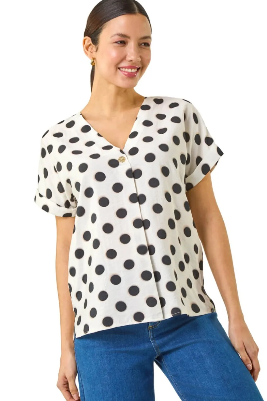 Roman Ivory Spotted Pleat Front V Neck Top