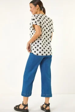 Roman Ivory Spotted Pleat Front V Neck Top