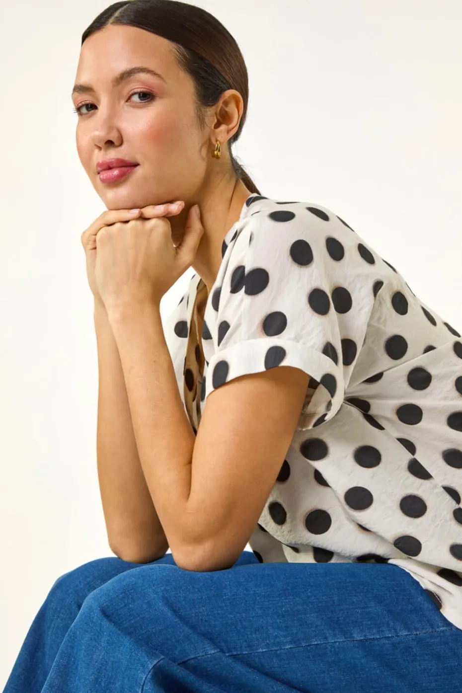 Roman Ivory Spotted Pleat Front V Neck Top