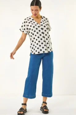 Roman Ivory Spotted Pleat Front V Neck Top