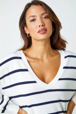 Roman Ivory Stripe Print Knitted V-Neck Longline Jumper