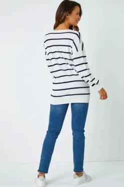 Roman Ivory Stripe Print Knitted V-Neck Longline Jumper