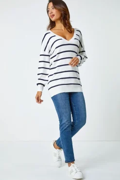Roman Ivory Stripe Print Knitted V-Neck Longline Jumper