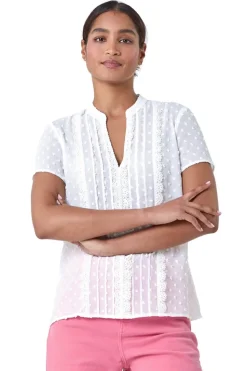 Roman Ivory Textured Spot Lace Trim Top