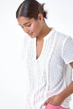 Roman Ivory Textured Spot Lace Trim Top