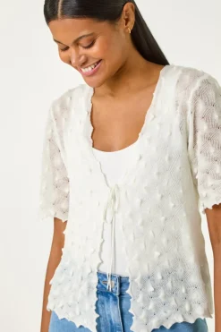 Roman Ivory Textured Tie Front Shrug