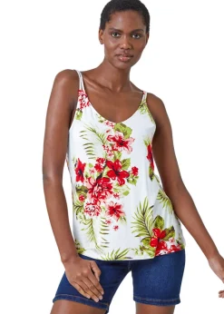 Roman Ivory Tropical Print V-Neck Strap Detail Cami Top