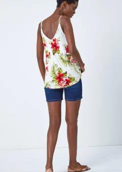 Roman Ivory Tropical Print V-Neck Strap Detail Cami Top