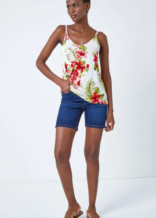 Roman Ivory Tropical Print V-Neck Strap Detail Cami Top