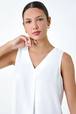 Roman Ivory V Neck Sleeveless Pleat Chiffon Vest Top