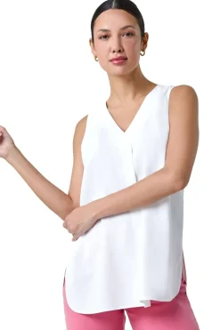 Roman Ivory V Neck Sleeveless Pleat Chiffon Vest Top