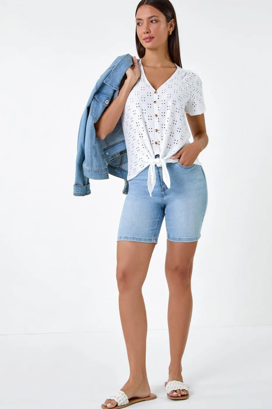 Roman Ivory V-Neck Broderie Stretch Jersey Tie Front Top