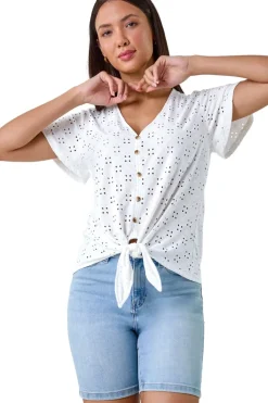 Roman Ivory V-Neck Broderie Stretch Jersey Tie Front Top