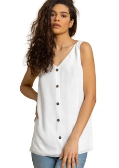 Roman Ivory V-Neck Button Front Sleeveless Top